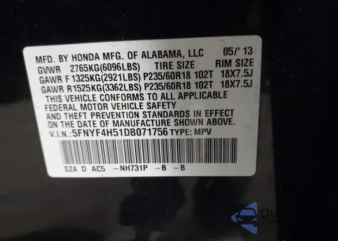 2013 Honda Pilot Ex-L из США, поврежденный, VIN 5FNYF4H51DB071756